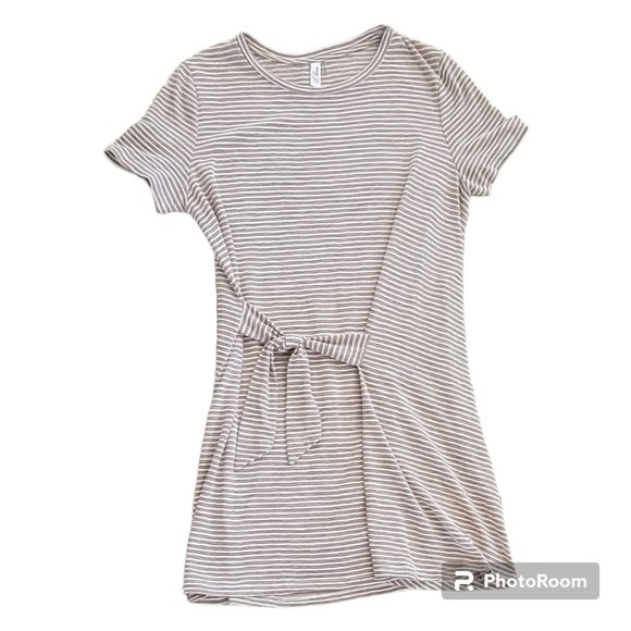 “L Love Inc" Neutral Striped Tee Shirt Dress Swim Cover Up with Side Tie - Picture 2 of 10